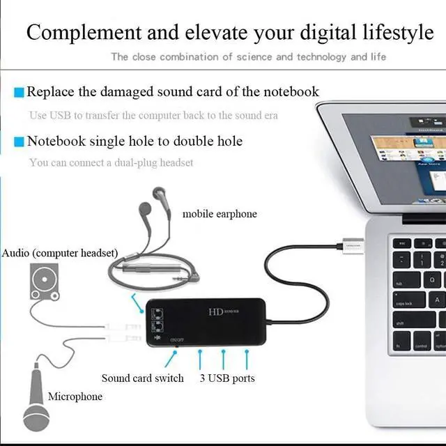 Alt view image 2 of 7 - USB C Type C Hubs Audio Adapter External Stereo Sound Card with 3.5mm Headphone & Microphone and 3 USB Jack for Windows, Mac, Linux, PC, Laptops, Desktops, PS4 Computer External,Gaming-Grade(Black)