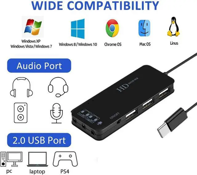 Alt view image 3 of 7 - USB C Type C Hubs Audio Adapter External Stereo Sound Card with 3.5mm Headphone & Microphone and 3 USB Jack for Windows, Mac, Linux, PC, Laptops, Desktops, PS4 Computer External,Gaming-Grade(Black)