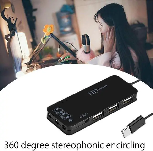 Alt view image 5 of 7 - USB C Type C Hubs Audio Adapter External Stereo Sound Card with 3.5mm Headphone & Microphone and 3 USB Jack for Windows, Mac, Linux, PC, Laptops, Desktops, PS4 Computer External,Gaming-Grade(Black)