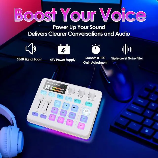 Alt view image 2 of 7 - Portable Audio Mixer & Live Sound Card with Voice Changer, RGB Gaming Lights, Bluetooth Accompaniment, Compatible with, PC, for Streaming and Podcasting (White)