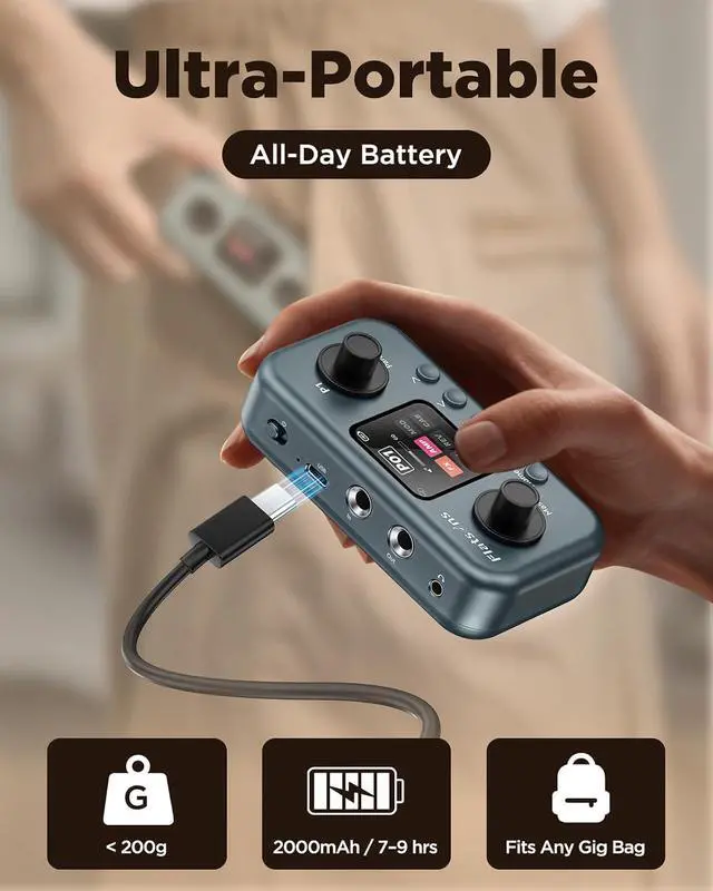 Alt view image 2 of 7 - P1 Portable Multi Effects Guitar Pedals, 80+ Effects, Rechargeable | Built-in Tuner Multi Effects Processor for Guitar/Bass,Amp Modeling, Mobile APP & PC Editing,OTG Recording & IR Loading