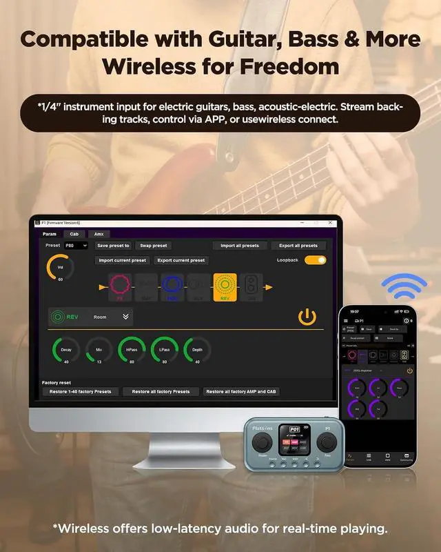 Alt view image 6 of 7 - P1 Portable Multi Effects Guitar Pedals, 80+ Effects, Rechargeable | Built-in Tuner Multi Effects Processor for Guitar/Bass,Amp Modeling, Mobile APP & PC Editing,OTG Recording & IR Loading