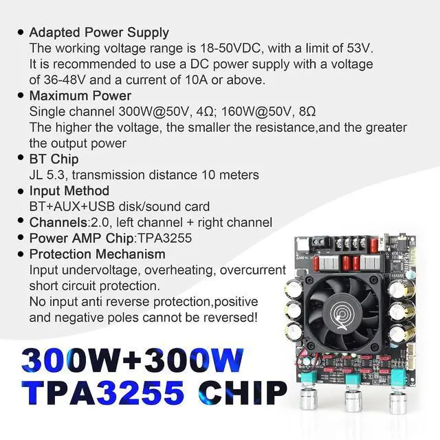 Alt view image 4 of 6 - ZK-3002T 300W+300W Bluetooth Digital Amplifier Board TPA3255 Chip 2.0 Channel with Bluetooth/3.5mm AUX Input/USB Input,with Treble and Bass Adjustment