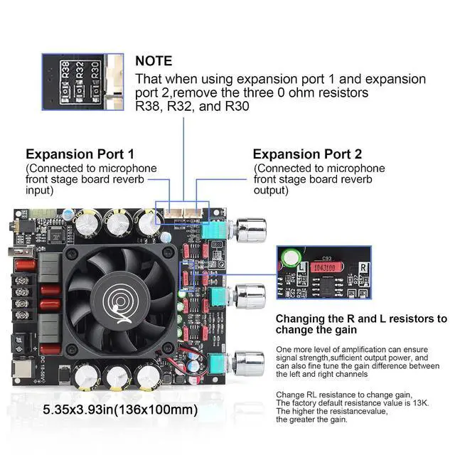 Alt view image 6 of 6 - ZK-3002T 300W+300W Bluetooth Digital Amplifier Board TPA3255 Chip 2.0 Channel with Bluetooth/3.5mm AUX Input/USB Input,with Treble and Bass Adjustment