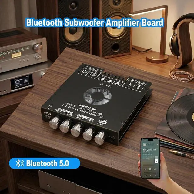 Alt view image 6 of 7 - ZK-HT21 Bluetooth Amplifier Board, 160W×2+220W 2.1 Channel Subwoofer Audio Amplifier DC 15-36V Hi-Fi Bluetooth Module TDA7498E Chips BT/USB/AUX Input