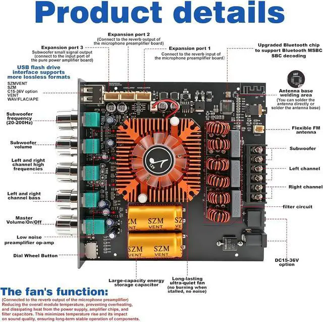 Alt view image 2 of 7 - 540W 2.1-Channel Mini Bluetooth Amplifier Board 160W×2 + 220W Subwoofer, with TWS, FM/USB/AUX, IR Remote, DC15-36V, Deep Bass for DIY Speakers & Home Audio
