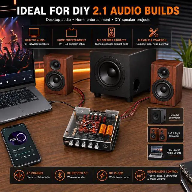 Alt view image 6 of 7 - 540W 2.1-Channel Mini Bluetooth Amplifier Board 160W×2 + 220W Subwoofer, with TWS, FM/USB/AUX, IR Remote, DC15-36V, Deep Bass for DIY Speakers & Home Audio