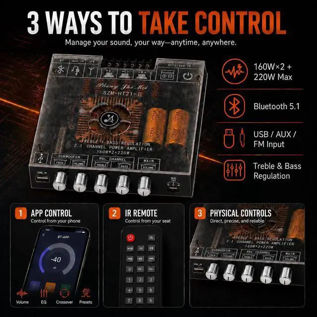 Alt view image 7 of 7 - 540W 2.1-Channel Mini Bluetooth Amplifier Board 160W×2 + 220W Subwoofer, with TWS, FM/USB/AUX, IR Remote, DC15-36V, Deep Bass for DIY Speakers & Home Audio