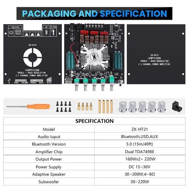 Alt view image 7 of 7 - Bluetooth Amplifier Board, ZK-HT21 2.1 Channel 160W x 2+220W Subwoofer Amp | Stereo Mini Audio Power Amplifier Module TDA7498E HiFi Chips,BT USB AUX Input DC 15-36V for DIY Home Speakers
