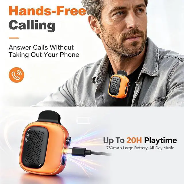 Alt view image 4 of 7 - Wearable Bluetooth Speaker, 43g Mini Clip-On Bluetooth Speaker, 3-in-1 Wearable Ways, 20H Playtime Dustproof Multi Pairing Stereo Speaker for Hiking, Swimming, Shower, Outdoor Activities(Orange)