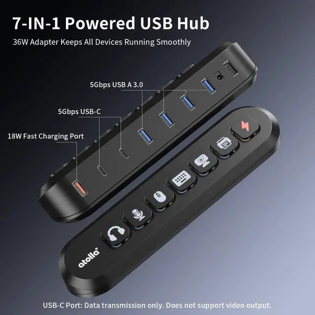 Alt view image 2 of 7 - 7-Port Powered USB Hub, 4 USB-A 3.0+2 USB-C 3.0+1 Fast Charging Port | 36W USB 3.0 Hub with LED Switches, 13 Customizable Keycaps, 12V/3A Power Adapter for Windows, MacOS, Linux