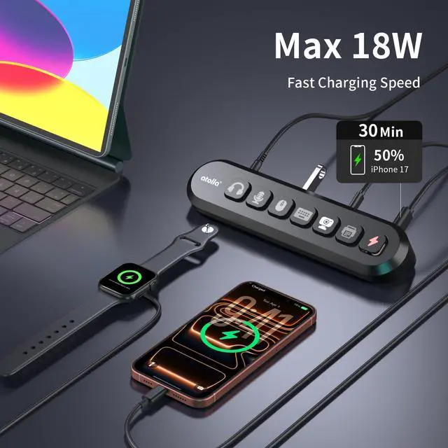 Alt view image 4 of 7 - 7-Port Powered USB Hub, 4 USB-A 3.0+2 USB-C 3.0+1 Fast Charging Port | 36W USB 3.0 Hub with LED Switches, 13 Customizable Keycaps, 12V/3A Power Adapter for Windows, MacOS, Linux