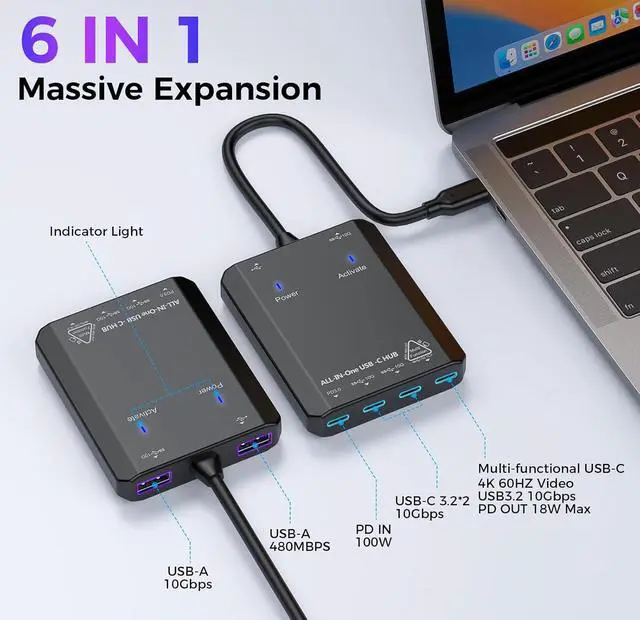 Alt view image 2 of 7 - 10Gbps USB C Video Output Hub, 6-in-1 USB C Multiport Adapter, 4K 60Hz | USB C Splitter with 100W PD, 18W Out, 4 USB 3.2 Gen2 Ports (3C+1A), for MacBook Pro/Air, iPad Pro, Mac Mini and More