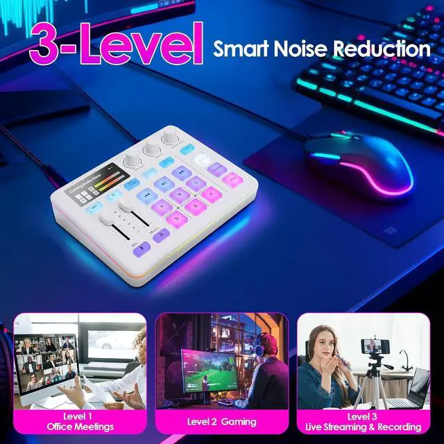 Alt view image 3 of 7 - Portable Audio Mixer & Live Sound Card with Voice Changer, RGB Gaming Lights, Bluetooth Accompaniment, Compatible with, PC, for Streaming and Podcasting (White)