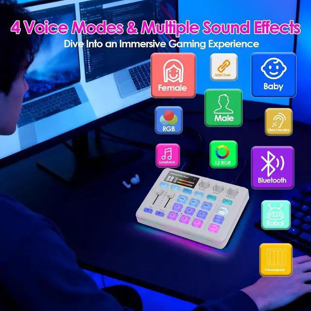Alt view image 4 of 7 - Portable Audio Mixer & Live Sound Card with Voice Changer, RGB Gaming Lights, Bluetooth Accompaniment, Compatible with, PC, for Streaming and Podcasting (White)