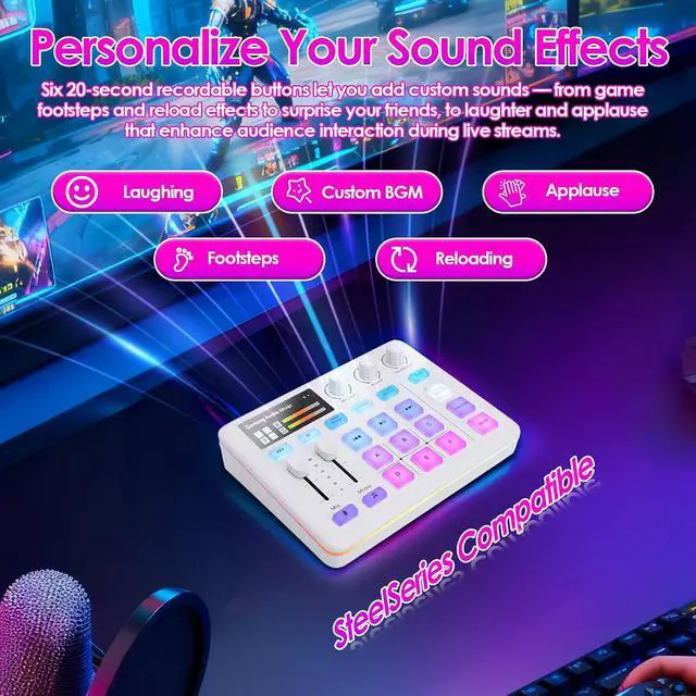 Alt view image 5 of 7 - Portable Audio Mixer & Live Sound Card with Voice Changer, RGB Gaming Lights, Bluetooth Accompaniment, Compatible with, PC, for Streaming and Podcasting (White)