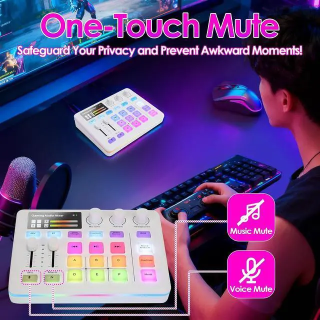 Alt view image 6 of 7 - Portable Audio Mixer & Live Sound Card with Voice Changer, RGB Gaming Lights, Bluetooth Accompaniment, Compatible with, PC, for Streaming and Podcasting (White)