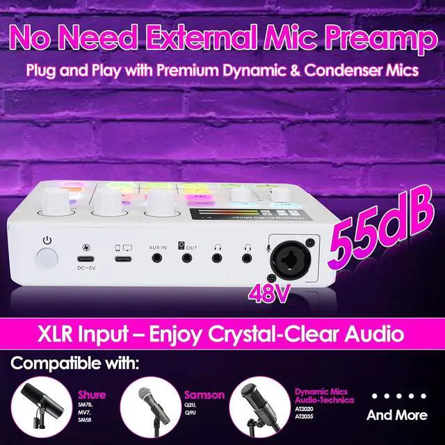 Alt view image 7 of 7 - Portable Audio Mixer & Live Sound Card with Voice Changer, RGB Gaming Lights, Bluetooth Accompaniment, Compatible with, PC, for Streaming and Podcasting (White)
