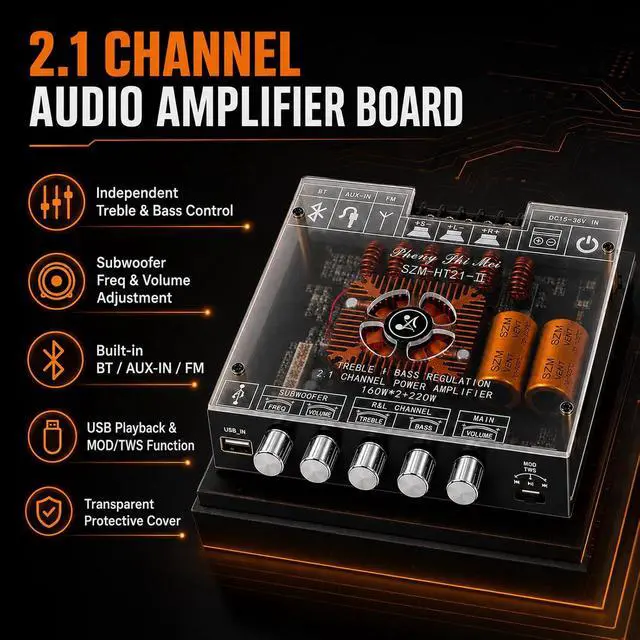 Alt view image 3 of 7 - 540W 2.1-Channel Mini Bluetooth Amplifier Board 160W×2 + 220W Subwoofer, with TWS, FM/USB/AUX, IR Remote, DC15-36V, Deep Bass for DIY Speakers & Home Audio
