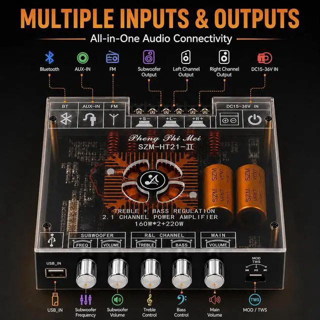 Alt view image 4 of 7 - 540W 2.1-Channel Mini Bluetooth Amplifier Board 160W×2 + 220W Subwoofer, with TWS, FM/USB/AUX, IR Remote, DC15-36V, Deep Bass for DIY Speakers & Home Audio
