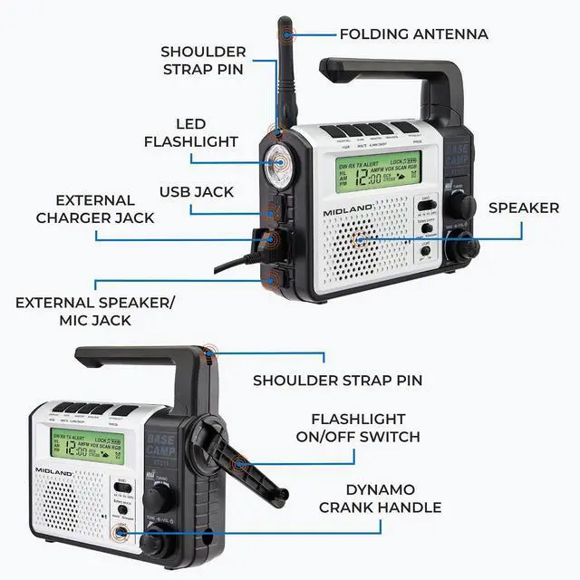 Alt view image 4 of 7 - - XT511 - Emergency Radio - 22 Channel Two-Way Base Camp Radio | 5 Power Options, 121 Privacy Codes, 3-LED Flashlight & NOAA Weather Scan + Alert - Gray/Black