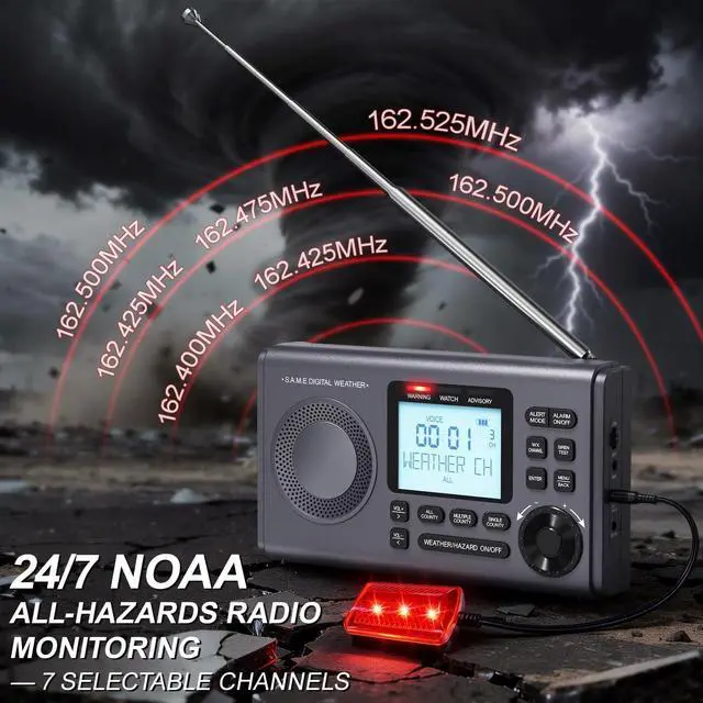 Alt view image 3 of 7 - NOAA Weather Radio with 80+Emergency Alerts, 23 S.A.M.E Localized Programming County Codes, Battery Backup, Alarm, Selectable Alert Tone (with External Antenna & External Warning Light)