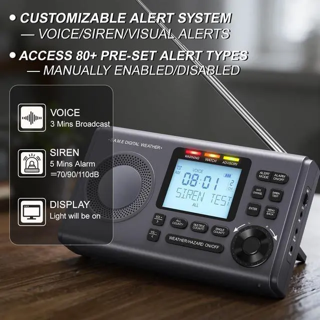 Alt view image 4 of 7 - NOAA Weather Radio with 80+Emergency Alerts, 23 S.A.M.E Localized Programming County Codes, Battery Backup, Alarm, Selectable Alert Tone (with External Antenna & External Warning Light)
