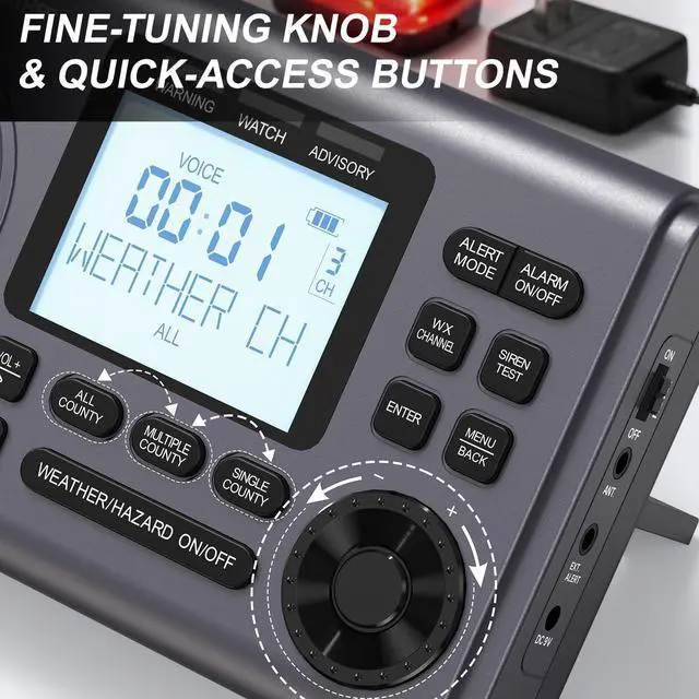 Alt view image 5 of 7 - NOAA Weather Radio with 80+Emergency Alerts, 23 S.A.M.E Localized Programming County Codes, Battery Backup, Alarm, Selectable Alert Tone (with External Antenna & External Warning Light)