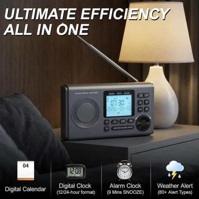 Alt view image 6 of 7 - NOAA Weather Radio with 80+Emergency Alerts, 23 S.A.M.E Localized Programming County Codes, Battery Backup, Alarm, Selectable Alert Tone (with External Antenna & External Warning Light)