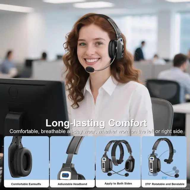 Alt view image 5 of 7 - Trucker Bluetooth Headset with AI Noise Cancellation Microphone, Trucker Headset with 65Hrs Talk Time & Mute Button, Multipoint Connection, Bluetooth Headsets Fit for Truck Drivers/Cell Phones