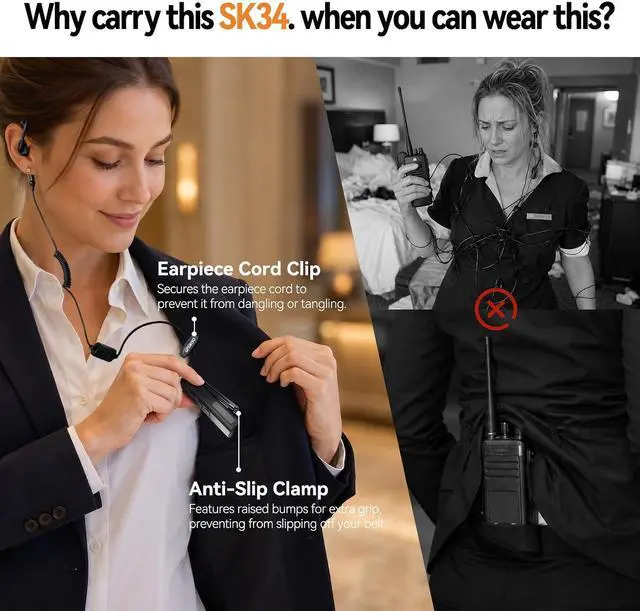 Alt view image 3 of 7 - Mini Walkie Talkies with Earpiece, Ultralight 27g Hands-Free Clip-On Two Way Radios for Restaurant, Salon, Hotel, Retail & Business - Rechargeable Lapel Radio with 48-Hour Battery 2 Pack