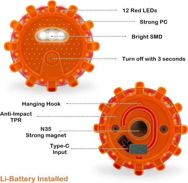 Alt view image 5 of 6 - Upgraded USB-C Rechargeable LED Emergency Road Flares (6 Pack) | Large-Size, Waterproof & Crushproof, 9 SOS flash modes, magnetic base, for Vehicles & Boat, roadside flares, 3 in 1 Cable