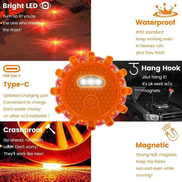 Alt view image 6 of 6 - Upgraded USB-C Rechargeable LED Emergency Road Flares (6 Pack) | Large-Size, Waterproof & Crushproof, 9 SOS flash modes, magnetic base, for Vehicles & Boat, roadside flares, 3 in 1 Cable