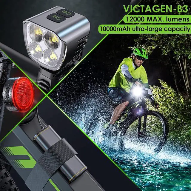Alt view image 2 of 7 - Victagen Bike Light 12000lm Bike Lights for Night Riding, Waterproof Lights for bike Rechargeable Front Bike Headlight and Taillight, High & Low Beam, 10000mAh ultra long endurance bike lights