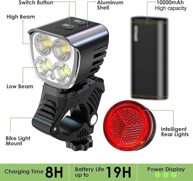 Alt view image 3 of 7 - Victagen Bike Light 12000lm Bike Lights for Night Riding, Waterproof Lights for bike Rechargeable Front Bike Headlight and Taillight, High & Low Beam, 10000mAh ultra long endurance bike lights