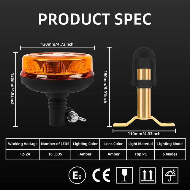 Alt view image 2 of 6 - Amber LED Rotating Beacon Light, Flashing Warning Lights with T-Shape Metal Bracket, 12-24V Emergency Strobe Lights for Trucks Vehicles Construction IP67 Waterproof