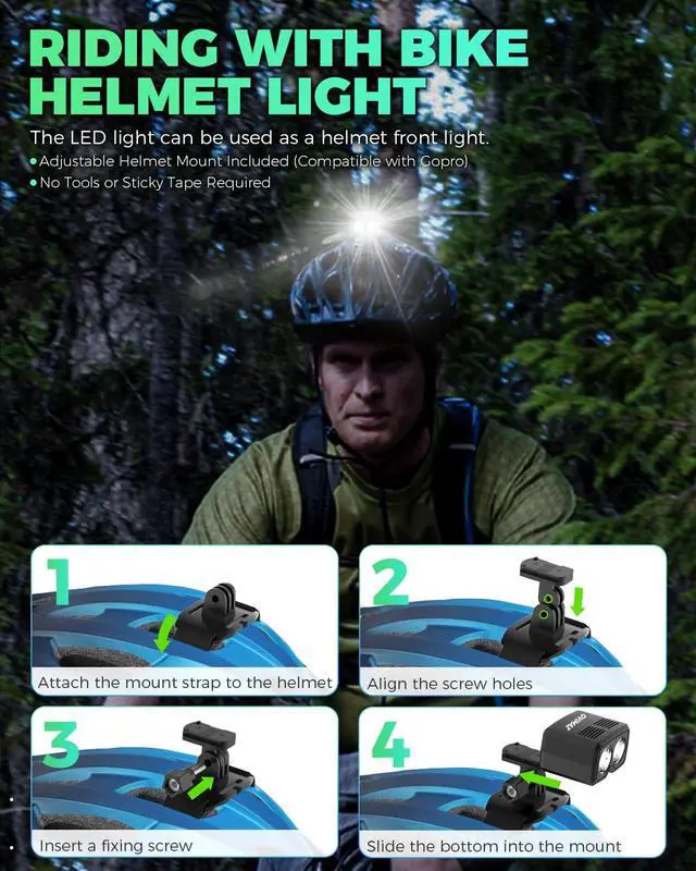 Alt view image 6 of 7 - Bike Helmet Light, 1000 Lumens Light, Helmet and Handlebar Mounts | USB Rechargeable, 5 Lighting Modes, IP65 Waterproof, Dual Setup Options, For Night Cycling, Mountain Biking, Commuting
