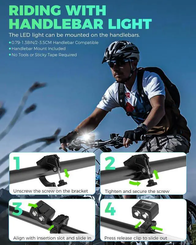 Alt view image 7 of 7 - Bike Helmet Light, 1000 Lumens Light, Helmet and Handlebar Mounts | USB Rechargeable, 5 Lighting Modes, IP65 Waterproof, Dual Setup Options, For Night Cycling, Mountain Biking, Commuting