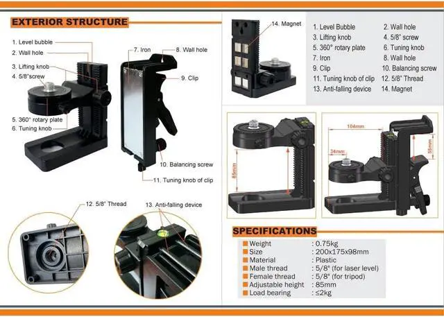 Alt view image 3 of 5 - Wall Bracket Laser Level with Strong Magnetic Pivoting Base, 5/8" Male Thread & 360° Adjustable Support, L-Shape Mount with Adjustable Clip for Wall & Tube Adsorption, Height Adjustment Support