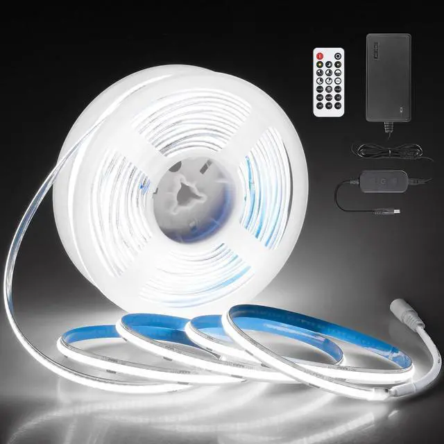 Main image of 24V COB LED Strip Light 65.6ft One Roll with Remote Cold White 6500K 8mm | Dimmable 480LED/M COB LED Light with Dam-Process Bluetooth APP,Flexible Timer Self-Adhesive LED Rope Light,for Cabinet DIY