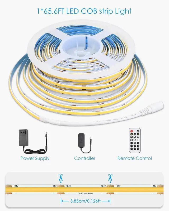 Alt view image 7 of 7 - 24V COB LED Strip Light 65.6ft One Roll with Remote Cold White 6500K 8mm | Dimmable 480LED/M COB LED Light with Dam-Process Bluetooth APP,Flexible Timer Self-Adhesive LED Rope Light,for Cabinet DIY