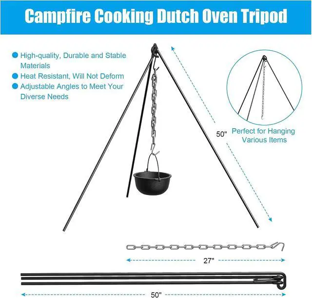 Alt view image 2 of 7 - 50" Dutch Oven Tripod with Carry Bag, Cast Iron Campfire Cooking Stand | Heavy Duty Camp Fire Cooking Equipment for Camp Chef Outdoor Camping, Cooking Lantern Tripod Hanger with Storage Bag