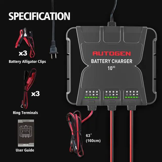 Alt view image 7 of 7 - 3-Bank Smart Marine Battery Charger, 12V 30A (10A/Bank) Waterproof Onboard Boat Charger, Battery Maintainer and Desulfator for Deep-Cylce, AGM and Lithium(LiFePO4) Batteries