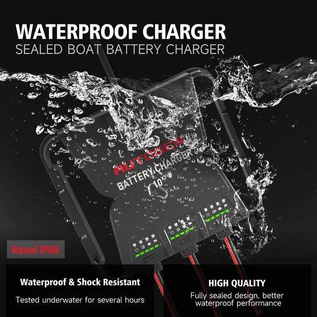 Alt view image 3 of 7 - 3-Bank Smart Marine Battery Charger, 12V 30A (10A/Bank) Waterproof Onboard Boat Charger, Battery Maintainer and Desulfator for Deep-Cylce, AGM and Lithium(LiFePO4) Batteries
