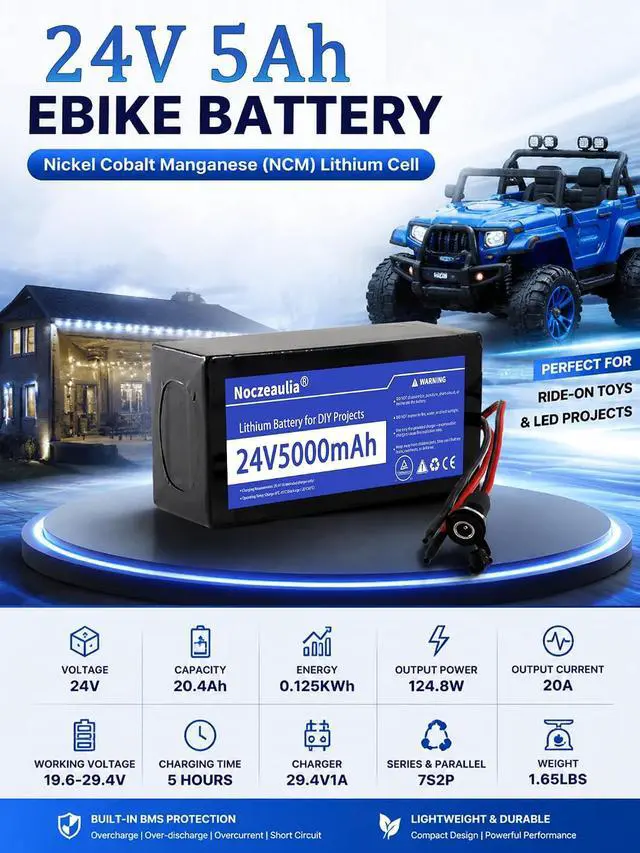 Alt view image 2 of 7 - 24V 5Ah Lithium Battery for DIY Projects with 29.4V 1A Charger, 1 Pack | 5000mAh Capacity, Rechargeable, 1000+ Cycle Life, 20A BMS Protection, NCM Ternary Lithium, for 24V Devices and Ride on Toys