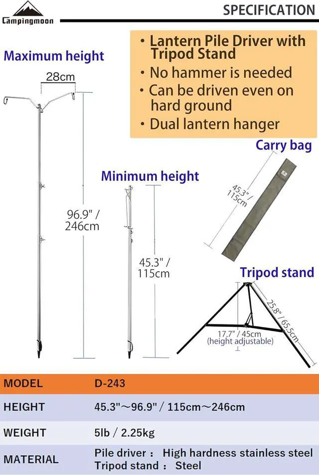 Alt view image 2 of 7 - Heavy Duty Stainless Steel Lantern Pile Driver Height Adjustable with Tripod Stand and Storage Bag D-240, D-243