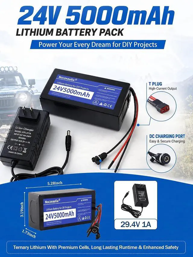 Alt view image 3 of 7 - 24V 5Ah Lithium Battery for DIY Projects with 29.4V 1A Charger, 1 Pack | 5000mAh Capacity, Rechargeable, 1000+ Cycle Life, 20A BMS Protection, NCM Ternary Lithium, for 24V Devices and Ride on Toys