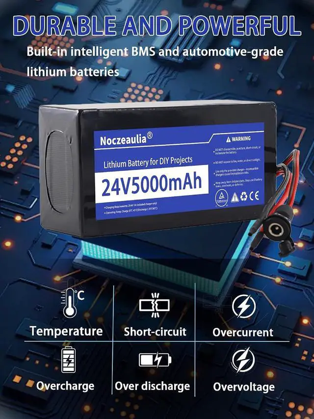 Alt view image 5 of 7 - 24V 5Ah Lithium Battery for DIY Projects with 29.4V 1A Charger, 1 Pack | 5000mAh Capacity, Rechargeable, 1000+ Cycle Life, 20A BMS Protection, NCM Ternary Lithium, for 24V Devices and Ride on Toys