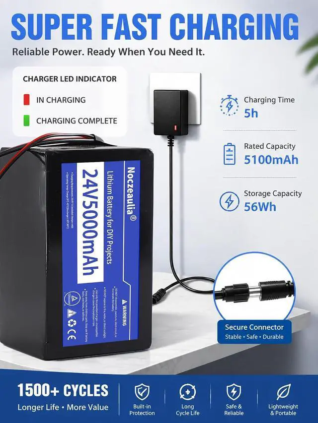 Alt view image 7 of 7 - 24V 5Ah Lithium Battery for DIY Projects with 29.4V 1A Charger, 1 Pack | 5000mAh Capacity, Rechargeable, 1000+ Cycle Life, 20A BMS Protection, NCM Ternary Lithium, for 24V Devices and Ride on Toys