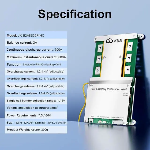 Alt view image 2 of 7 - Smart BMS 4S-8S 12V-24V 300A 2A Active Balance Build-in Bluetooth with Heat CAN RS485 PCB Battery Protection Board for LiFePO4 Li-ion LTO Battery Pack (JK-B2A8S30P-HC)